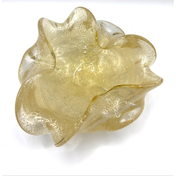Vintage Murano Glass Ashtray Bowl Clear Gold Aventurine Flecks Hand Blown Italy - Picture 2 of 5